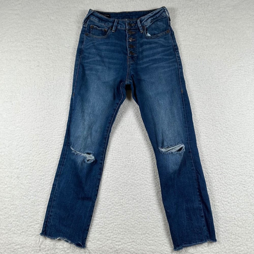 True Religion Starr Cropped Straight Jeans Womens 26 Distressed Button Fly Blue